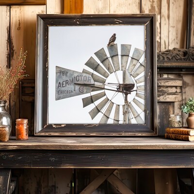 Old windmill canvas wall art, modern farmhouse decor, rustic dining room, kitchen wall art, red tailed hawk photo - image1